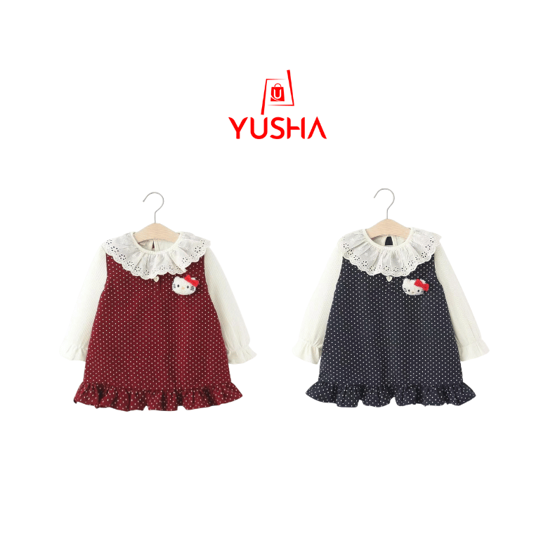 New Polka Small Dots Cat Kitty Lace Collar Two-Piece Set - Long Sleeve Vest Dress